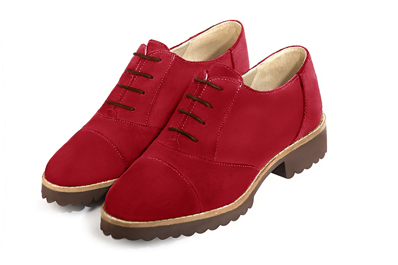 Cardinal red women's casual lace-up shoes. Round toe. Flat rubber soles. Front view - Florence KOOIJMAN